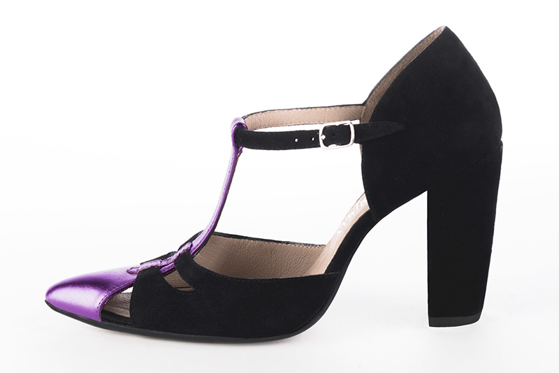 Violet purple and matt black women's T-strap open side shoes. Tapered toe. Very high block heels. Profile view - Florence KOOIJMAN